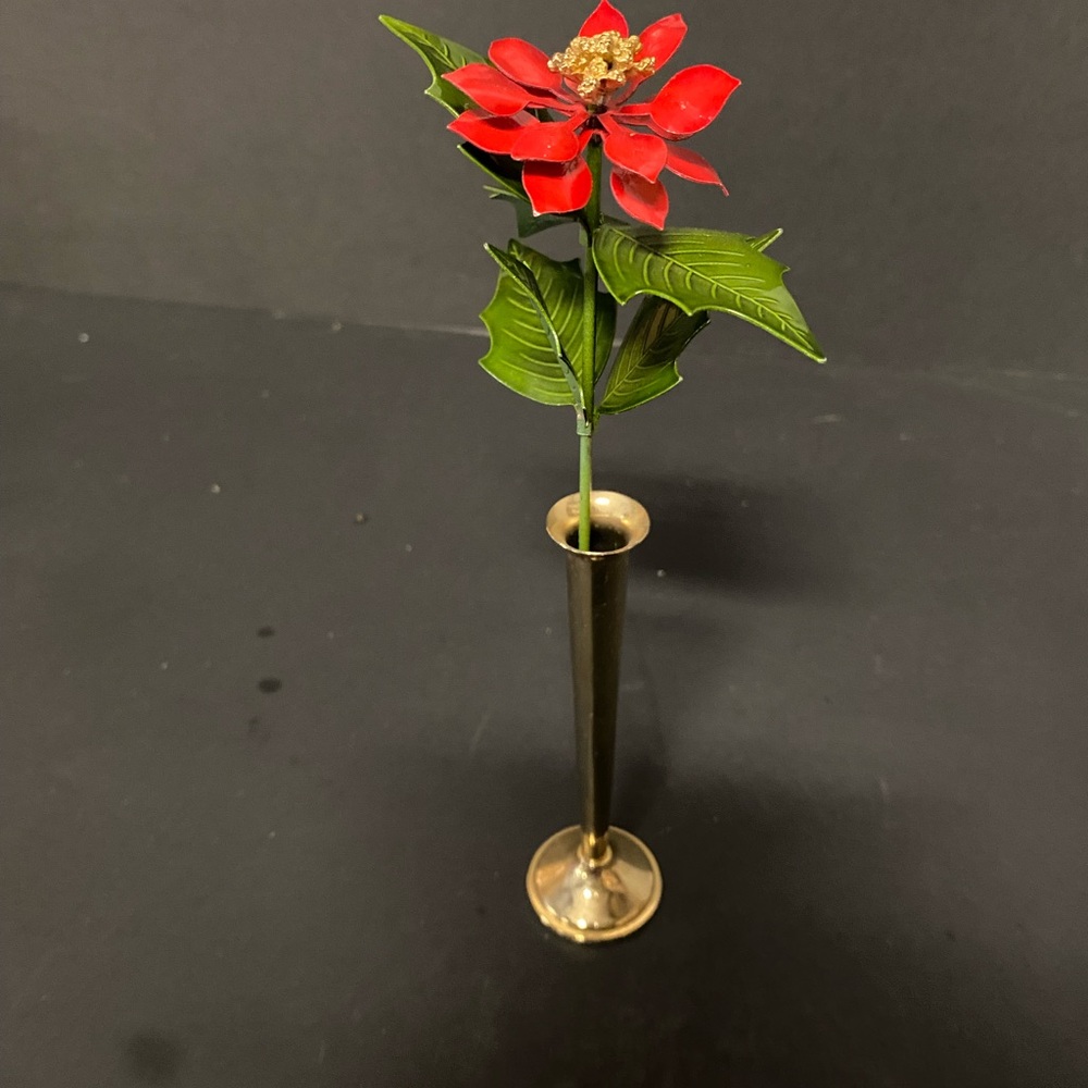Brass Vintage Bud Vase With Metal Poinsettia. Christmas Decor